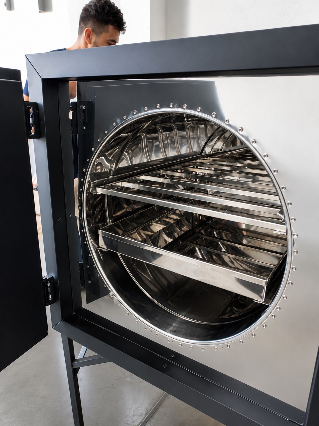 Forno em aço inox preto instalado em área gourmet